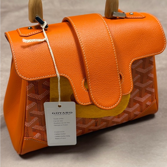 GOYARD SAIGON SOUPLE MINI ORANGE LEATHER & GOYARDINE CANVAS BAG - NEW W DUST BAG - Picture 11 of 12